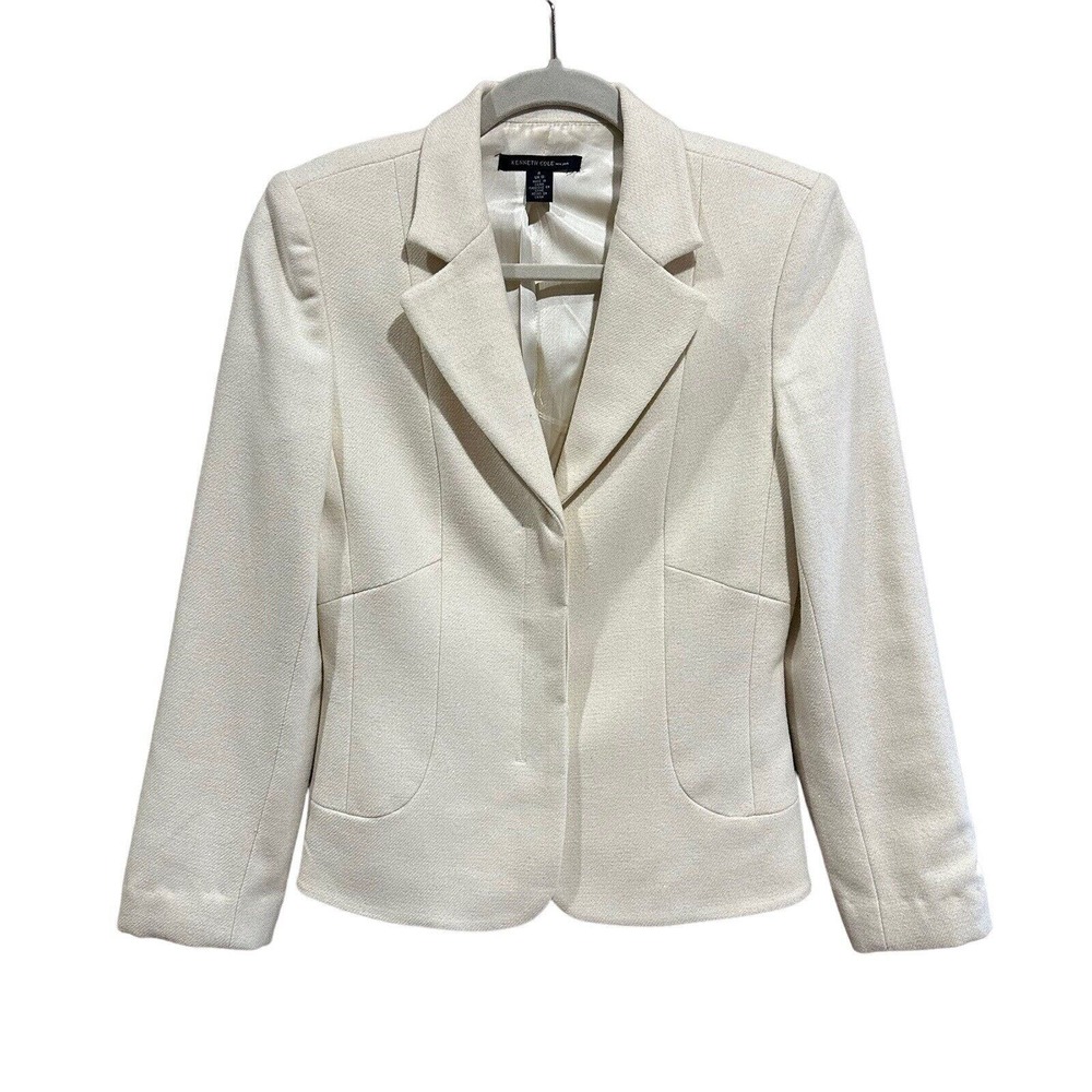 Kenneth Cole Womens Cream Blazer With Silver Shimmer Wool Blend Lined Size 4 VTG